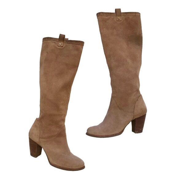 UGG Ava Knee High Tall Suede Boots Womens 6.5 Brown Tan Block Heels Leather Zip - Picture 16 of 16